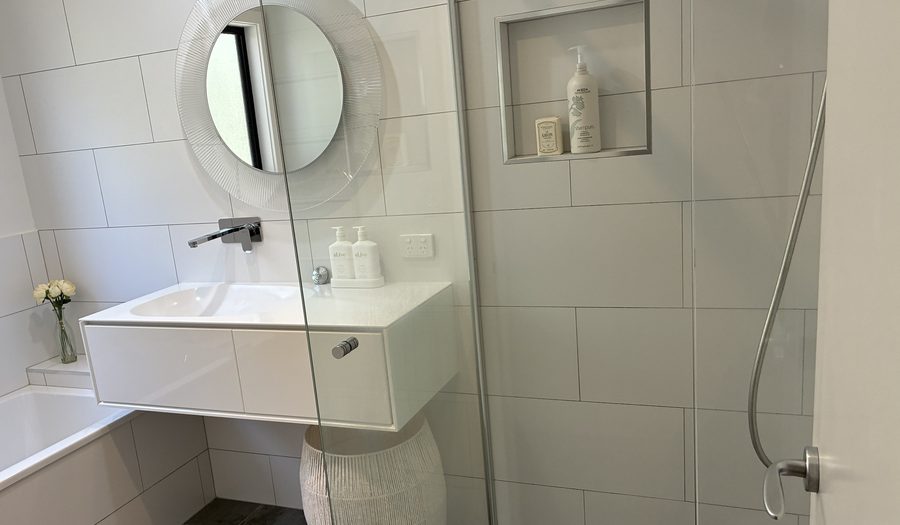 Bathroom vanity, shower screen and tiles after a deep clean, Brisbane